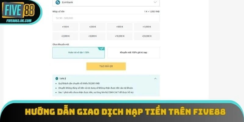 Hướng dẫn giao dịch nạp tiền trên hệ thống Five88